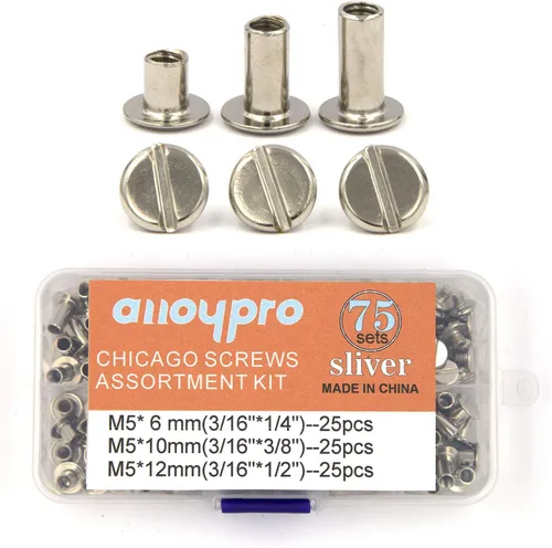 Juego de 75 tornillos Chicago surtidos, 3 tamaños, remaches de cuero plateado de 1/4 3/8 1/2, remaches de tornillo planos, postes de encuadernación