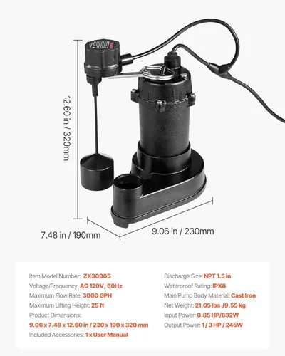 Miniatura 7 de VEVOR Bomba sumergible para aguas residuales, 1/3 HP, bomba de aguas residuales/efluentes de hierro fundido de 3000 GPH con interruptor flotador
