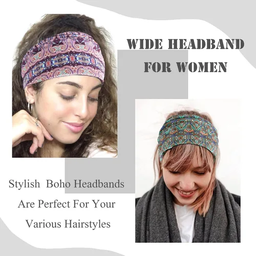 Miniatura 5 de FULZTEY Diademas bohemias para mujer, elegantes diademas con estampado floral, turbante de nudo ancho, elástico, para yoga, correr, entrenamiento