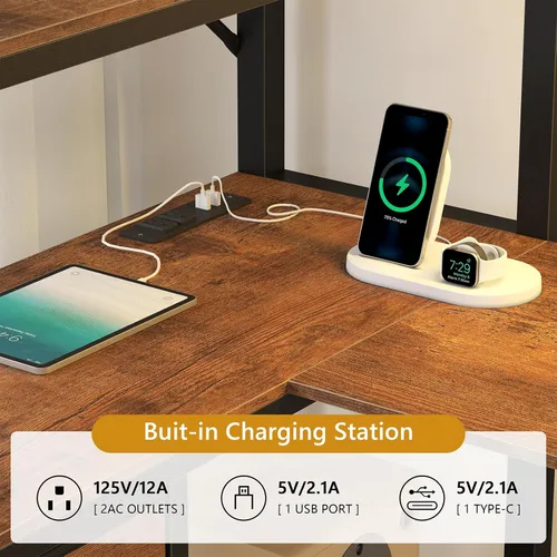 Miniatura 6 de Cama elevada de tamaño individual con almacenamiento y cabecero tapizado, estructura de cama elevada de metal con escritorio en forma de U y luces