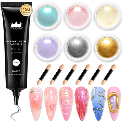 Kit de gel de uñas 3D y polvo de uñas cromado BISHENGYF: 0.53 oz No Wipe Gel de Escultura 3D Aurora Rosa Azul Oro Cromo Polvo de uñas con pegamento