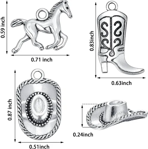 Miniatura 2 de Junkin 90 piezas Western Cowboy Charms Colgantes Aleación de Plata Antigua Charms Caballo Cowboy Boot Hat Colgante Charms Mini Cowboy Charms