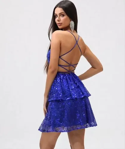Miniatura 4 de YUAOHUANG Vestido de fiesta de lentejuelas con tirantes delgados 2025 vestidos de cóctel cortos escalonados para mujer