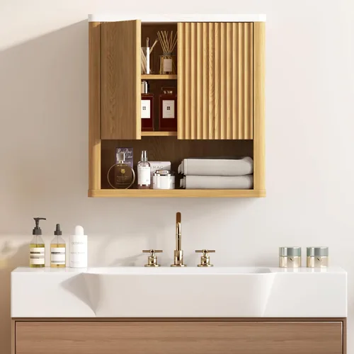 Miniatura 9 de HOMEFORT Armario de pared para baño, botiquines, armario de almacenamiento sobre el inodoro con 2 puertas, estante ajustable y parte superior