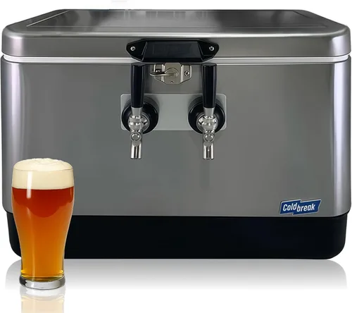 Coldbreak Jockey Box de 2 grifos, enfriador de 54 cuartos de galón con bobinas de acero inoxidable de 50 pies, entrada frontal para una Plateado