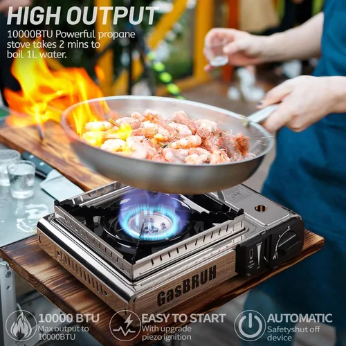 Miniatura 2 de GasBRUH Estufa de propano o butano con bloqueador de viento, doble combustible de 10,000 BTU Estufa de propano de acero inoxidable para acampar
