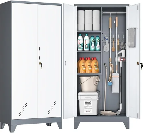 Miniatura 9 de OSEILLC Armario de Almacenamiento de Metal con Puertas con Cerradura, 61" de Alto para Garaje con Barra Colgante, Armario Escobero, Gabinete