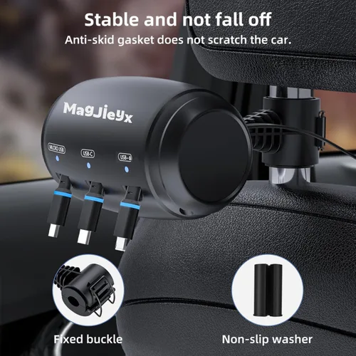 Miniatura 3 de MAGJIEYX Caja de Estación de Carga Retractable Multi para Coche, 3 en 1, Soporte de Carga Rápida para Reposacabezas, Cable de Carga USB Tipo C