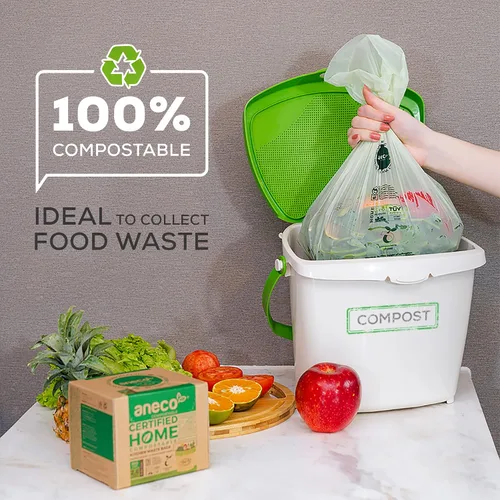 Miniatura 3 de (Incluye 10 bolsas adicionales) ANECO - Bolsas de basura 100% compostables de 2.6 galones, bolsas de compost pequeñas de cocina extra gruesas