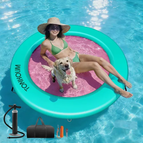 Miniatura 10 de Water Hammock Inflatable Dock, 3.8ft/6ft/8ft Floating Raft Circular Water Island, Float Rings Air Mesh Platform for Lake/River/Swim Pool