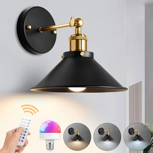 Juego de apliques de pared a pilas, apliques de pared inalámbricos con control remoto regulable, carga USB, blanco cálido/blanco natural/luz de
