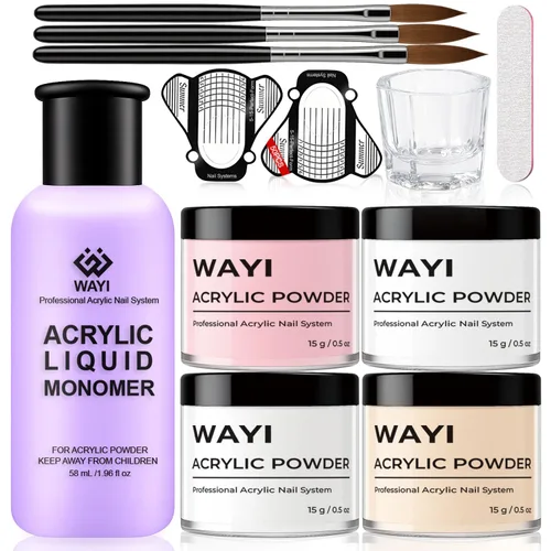 Kit de 9 piezas de uñas acrílicas, 4 piezas de polvo acrílico (rosa, blanco, transparente, desnudo) y juego de monómero líquido acrílico profesional