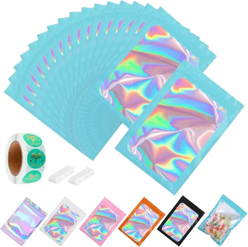 Miniatura 30 de Paquete de 150 bolsas holográficas de Mylar de 5 x 8 pulgadas con ventana transparente, pequeñas bolsas de papel de aluminio resellables