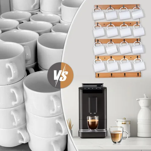 Miniatura 5 de Soporte para taza de café montado en la pared, estante grande de 5 niveles con 20 ganchos para tazas, estante de exhibición de madera rústica