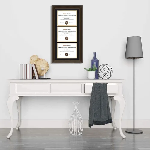 Miniatura 2 de Marco de tres certificados de 14 x 29 pulgadas con paspartú doble negro sobre dorado para (3) diplomas/grados de 8.5 x 11 pulgadas, ganchos