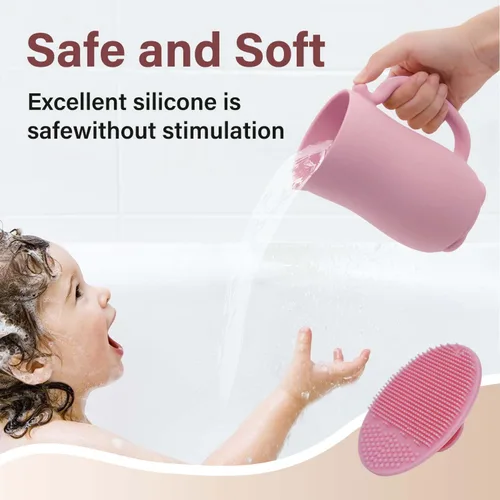 Miniatura 5 de mandoo Taza de enjuague de baño para bebés, silicona de grado alimenticio, taza de enjuague para champú y lavado corporal para niños con mango