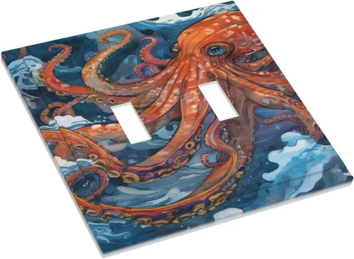 Miniatura 3 de Cubiertas de Interruptor de Luz de Doble Palanca Retro Pulpo Rojo Monstruo Ola de Mar Azul Decorativas Cubierta de Placa de Pared de 2 Gang Retro