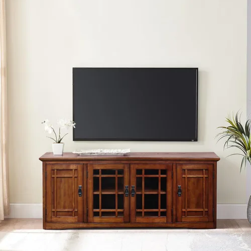 Miniatura 6 de Leick Home 82360 Soporte de TV de madera maciza Mission Oak de cuatro puertas para televisores de 65" Consola universal de TV para sala de estar