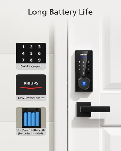 Miniatura 14 de Philips Juego de cerradura de puerta delantera, cerradura electrónica de huellas dactilares con 2 manijas de palanca, cerradura de puerta de entrada