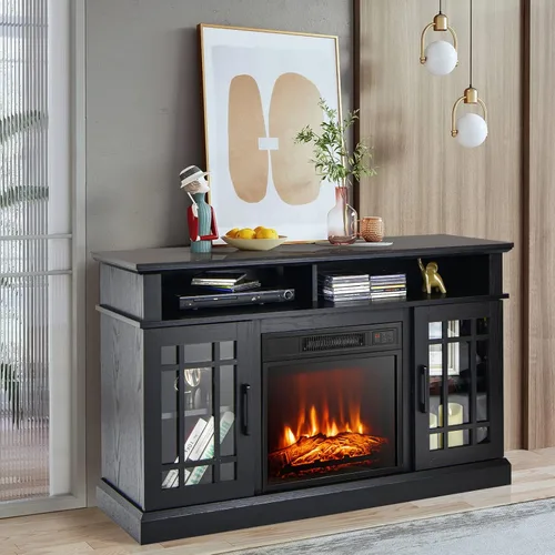 Miniatura 9 de GOFLAME Soporte de TV con chimenea para TV de hasta 55 pulgadas, centro de entretenimiento de madera independiente con chimenea eléctrica de 18
