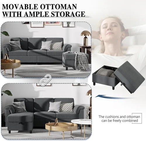 Miniatura 6 de Sofás seccionales para sala de estar, sofá en forma de L con bolsillo lateral de almacenamiento, cómodos sofás de 3 asientos para apartamento, gris