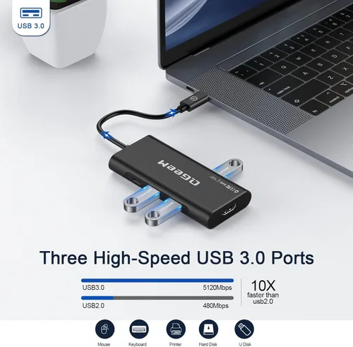 Miniatura 5 de USB C Hub, Adaptador QGeeM de USB 4k a HDMI, Dongle USB-C 7 en 1 con 100W PD, USB 3.0, Lector de Tarjetas, Compatible con MacBook, iPhone 15/17