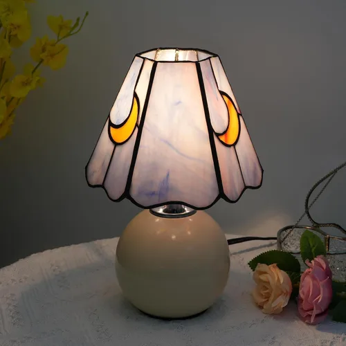 Miniatura 6 de Lámpara de mesa de noche de luna de cristal de cristal, lámpara de mesita de noche estilo Tiffany con bombilla E26, lámpara de acento pequeña rosa