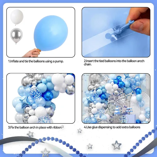 Miniatura 7 de FunHot Kit de arco de globos azules y plateados, kit de guirnalda de globos de color azul metálico y blanco plateado con globos de aluminio
