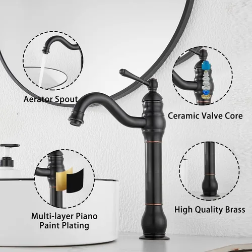 Miniatura 5 de Grifo de baño negro GGStudy con giro de 360°, de una sola manija y un agujero, grifo de fregadero de baño que coincide con el desagüe emergente