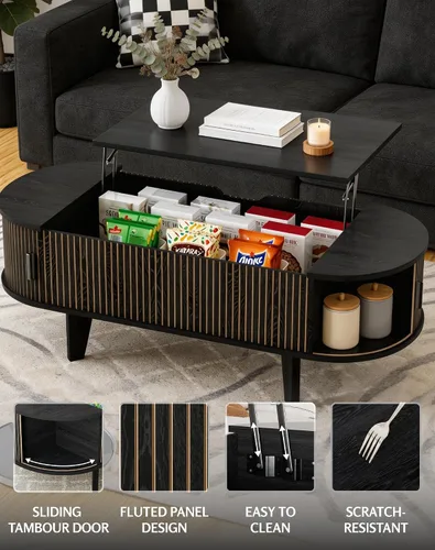 Miniatura 3 de Mesa auxiliar ovalada con almacenamiento, mesa de centro acanalada de 47.2 pulgadas con puerta corrediza de tambor de 180°, mesa central moderna