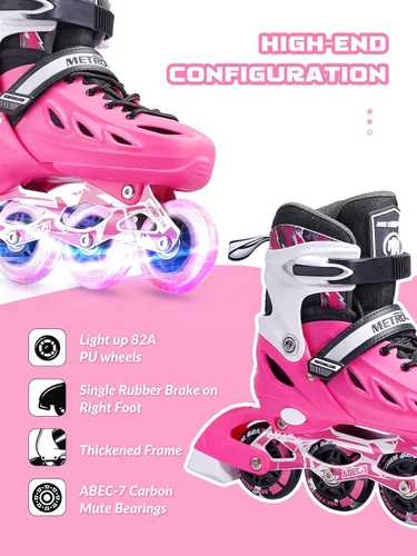 Miniatura 4 de METROLLER Patines en línea para niñas y niños, mujeres, hombres, 4 tallas ajustables, patines en línea con ruedas que se iluminan, patines Rosa