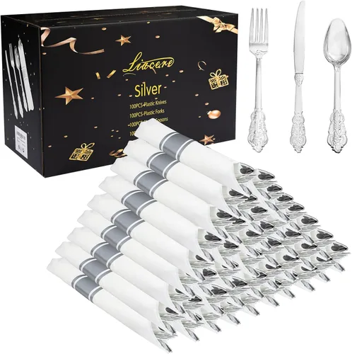 Miniatura 15 de Liacere Juego de 100 cubiertos y servilletas azules preenrollados, desechables, de plástico azul, con servilleta: 100 tenedores, 100 cuchillos, 100