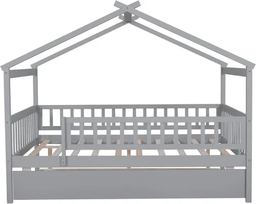 Miniatura 7 de Cama de casa con nido y valla, camas de tamaño matrimonial estilo Montessori con barandillas, marco de cama de madera para niños, cama de plataforma