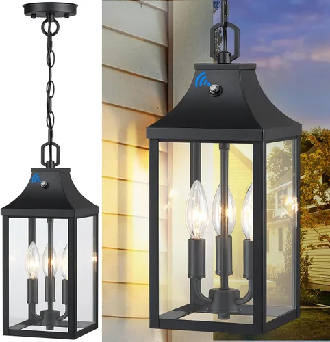 Miniatura 11 de Lámpara colgante grande de 15.5 pulgadas para exteriores, 3 luces, del atardecer al amanecer, lámpara colgante para exteriores, lámpara colgante