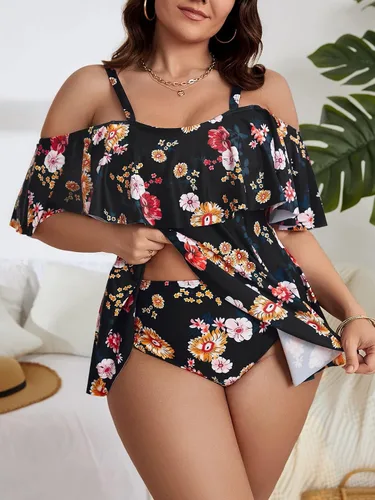 Miniatura 2 de SOLY HUX Traje de baño tankini de 2 piezas para mujer, talla grande, estampado floral, hombros descubiertos, ribete de volantes, traje de baño, Azul