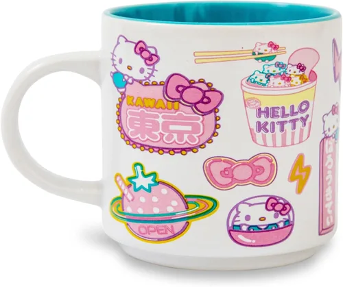 Sanrio Hello Kitty "Kawaii Tokyo" Allover Icons - Taza de café grande para café expreso, cafeína, bebidas, artículos esenciales para el hogar y la