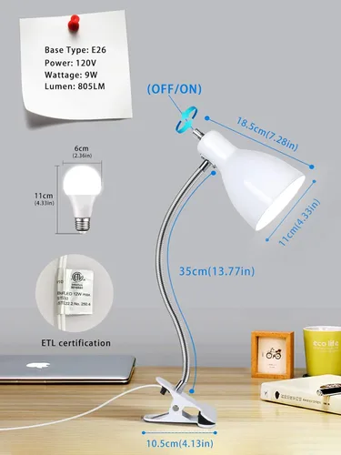Miniatura 7 de Lámpara de escritorio, lámparas de mesa para cuidado de los ojos, rotación de 360°, cuello de cisne con clip, luz de lectura, portátil, abrazadera