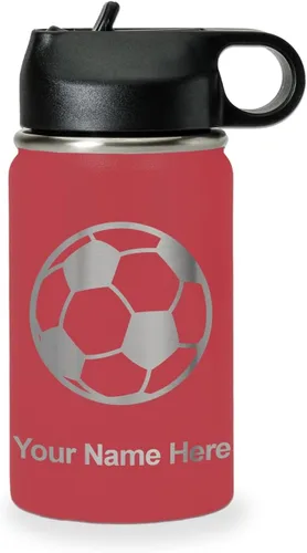 Miniatura 27 de LaserGram Botella de agua personalizada, pelota de fútbol, acero inoxidable de doble pared aislada al vacío con popote superior, regalo grabado