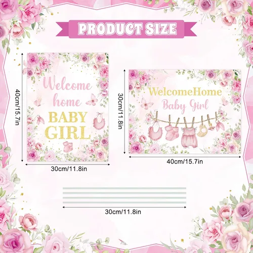 Miniatura 2 de 2 letreros decorativos de bienvenida a casa para bebé, niña, rosa, floral, para baby shower, patio, con estacas "It's a Girl", letrero para anuncio