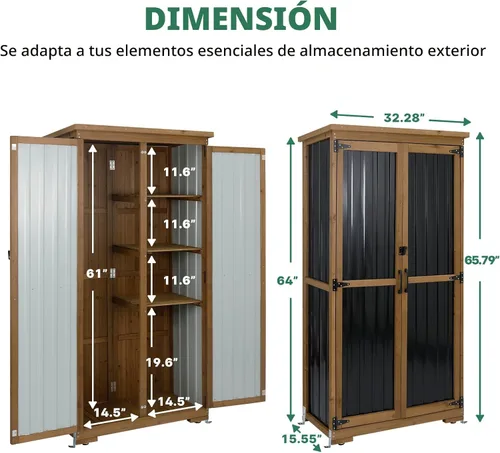 Miniatura 2 de Ketive Gabinete de almacenamiento para exteriores, armario alto de jardín para herramientas con techo resistente a la intemperie, puertas con doble