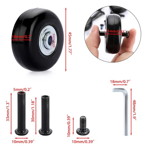 Miniatura 3 de OwnMy Juego de 4 ruedas de equipaje de 45mm x 18mm de repuesto, ruedas de maleta silenciosas de repuesto con tornillos negros, ejes, rodamientos