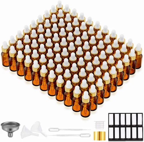 Miniatura 25 de PrettyCare Paquete de 4 botellas con cuentagotas de aceites esenciales, botellas vacías de tintura para cuidado personal y belleza, Ámbar