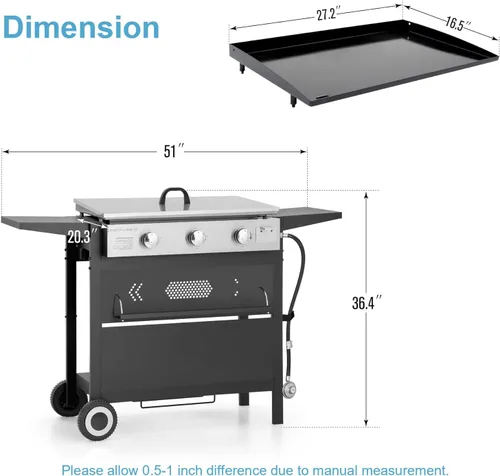 Miniatura 7 de GREEN PARTY - Parrilla de gas propano de 3 quemadores con carro de pie extraíble, convertible a diseño de mesa, parrilla plana de 27 pulgadas