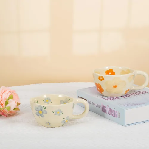 Miniatura 3 de Koythin 2 Piezas de Tazas de Café de Cerámica, Taza Creativa Linda con Flores para Oficina y Hogar, Taza Estética de 8.5 oz/250 ml para Café con 2