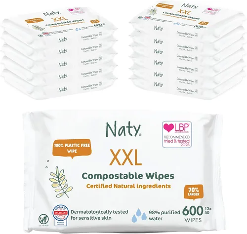 Naty Toallitas para bebé XXL | 98% de agua, hipoalergénicas y naturales para pieles sensibles | Sin perfume, a base de plantas, sin fragancia | Sin