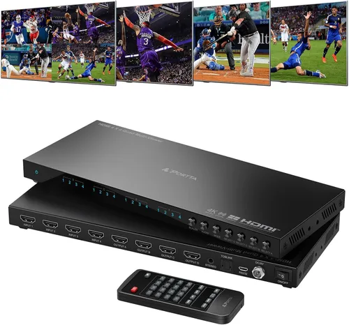 Interruptor multivisor HDMI 4K 4x4 con PIP, PORTTA Quad Multi Viewer Conmutador sin costuras 4 en 4 salidas con Toslink, salida de audio de 0.138 in