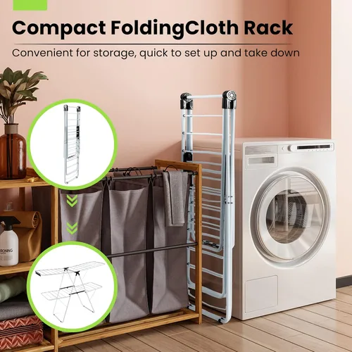 Miniatura 5 de COSTWAY Estante de secado de ropa, estante plegable de 2 niveles con alas ajustables en altura, 33 rieles de secado y clips para calcetines, estante