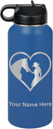 Miniatura 50 de LaserGram Botella de agua personalizada, corazón de vaquera de caballo, acero inoxidable de doble pared aislada al vacío con popote superior, regalo