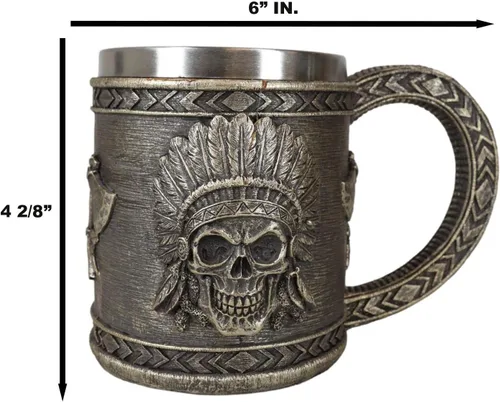 Miniatura 2 de Ebros Gift Nativo americano indio tribal jefe guerrero cráneo con águila cucaracha tocado y doble hacha cruzada taza de café taza de bebida jarra