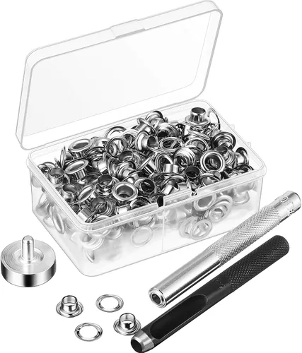 Miniatura 9 de Pangda Juego de 100 ojales con herramienta de ajuste y caja de almacenamiento para tela, lonas, cortinas Plata